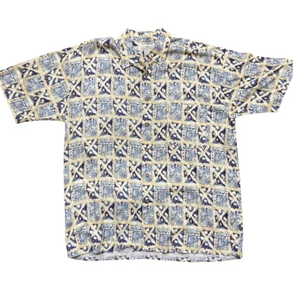 Natural Issue Vintage Viscous Abstract Cream Blue Button Down Shirt Men's Large - Picture 1 of 7